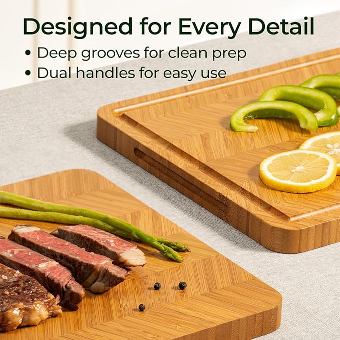 Atelier Collection Bamboo Cutting Board Set of 3, Reversible Boards for Kitchen with Juice Grooves, Handcrafted Luxury Cutting Boards, Large Wood Chopping Board for Cooking and Serving