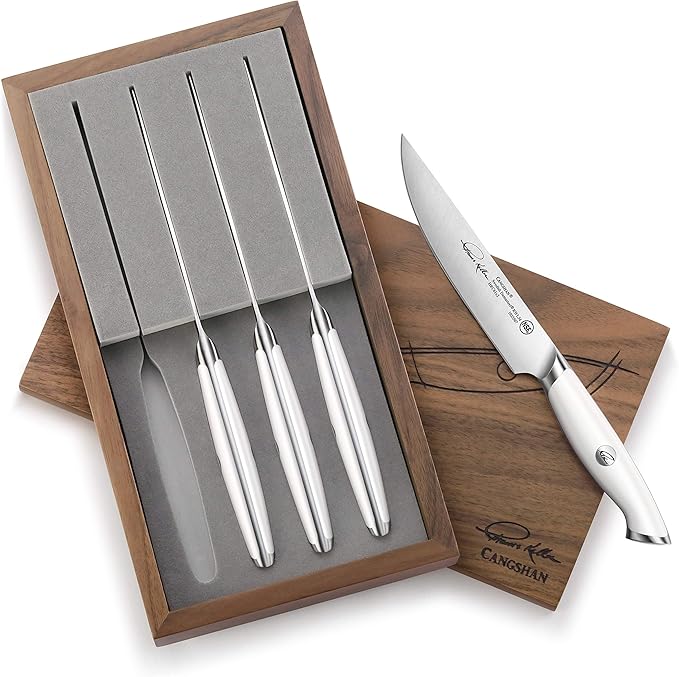 Cangshan Thomas Keller Signature Collection Swedish Powder Steel Forged, 4-Piece Fine Edge Steak Knife Set w/Walnut Box, White