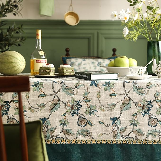patdrea Designer Green Linen Rectangle Tablecloth,Vintage Floral Pattern Breathable Table Cloth,Home Table Cover Decor for Kitchen Dining,Christmas,Thanksgiving,Holiday,Tea Party,55"x87"-Noah