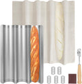 Baguette Pan, Baguette Bread Pan Perforated, Nonstick French Bread Baking Pan 3 Loaves with Proofing Cloth, Dough Cutter Kit for Home Baker, Baguette Tray 15x11 Inch Silver Bread Pan