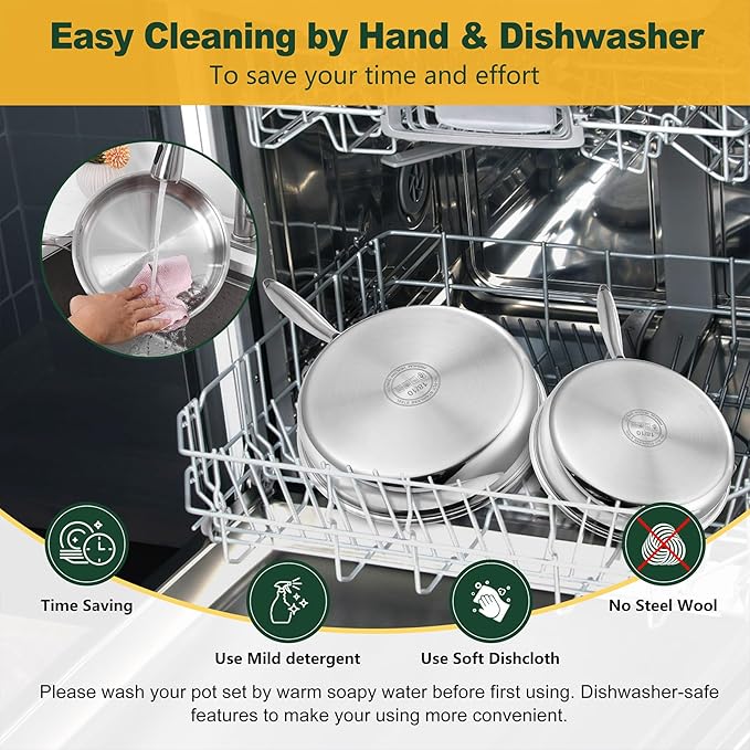 P&P CHEF 8 & 10 Inch Stainless Steel Frying Pan, 3-Ply Stainless Steel Pan Skillet, Induction Stir-fry Pan, Oven & All Stoves Safe, Heavy Duty & Even Heat, Dishwasher Safe, Silver, (2 Pieces)
