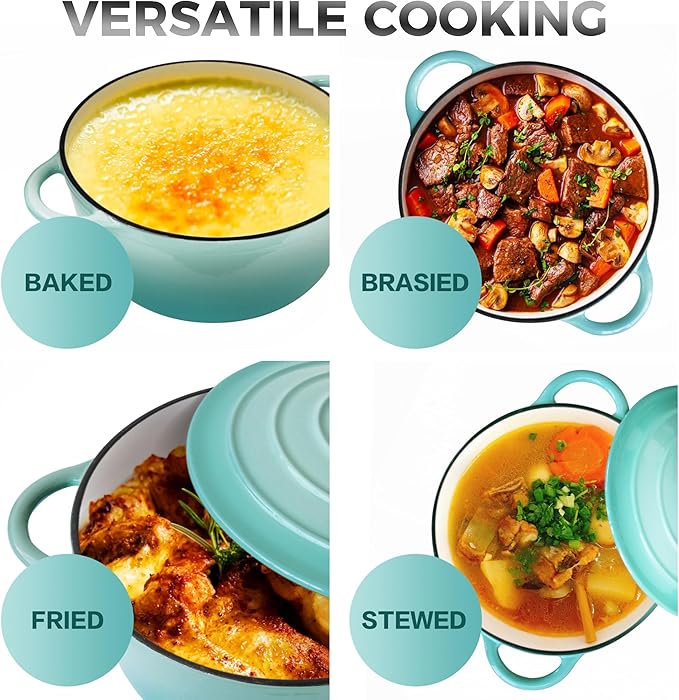 Trustmade 4.5 QT Cast Iron Dutch Oven, Enamel Coated Cookware Pot with Self Basting Lid for Home Baking, Braiser, Cooking, Aqua
