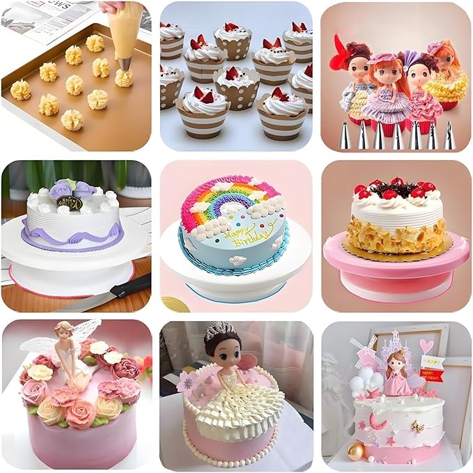 90 Pcs Cake Decorating Kit with Cake Turntable,Cake Leveler,24 Numbered Icing Piping Tips,2 Spatulas,3 Comb Scrapers,2 Couplers,5 Bag Ties and 50 Disposable Pastry Bags