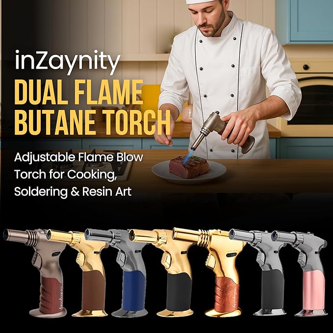 Dual Flame Butane Torch Gun – Refillable Handheld Mini Blow Torch for Cooking, Crème Brûlée, Welding, Soldering, Resin Art – Adjustable Flame & Ignition Lock–Limited Gold Brown by inZaynity