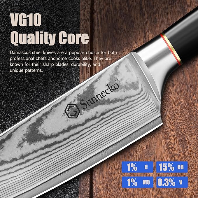 Sunnecko Chef Knife,Japanese VG10 Core Steel Damascus Knife,Professional Razor Sharp Kitchen Knives with Knives Sharpner