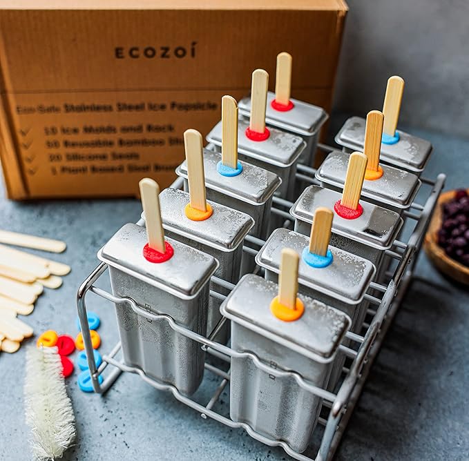ecozoi Stainless Steel Popsicle Molds and Rack - 10 Square Ice Pop Makers + 50 Reusable Bamboo Sticks + 20 Silicone Seals + 1 Cleaning Brush + 1 Rack
