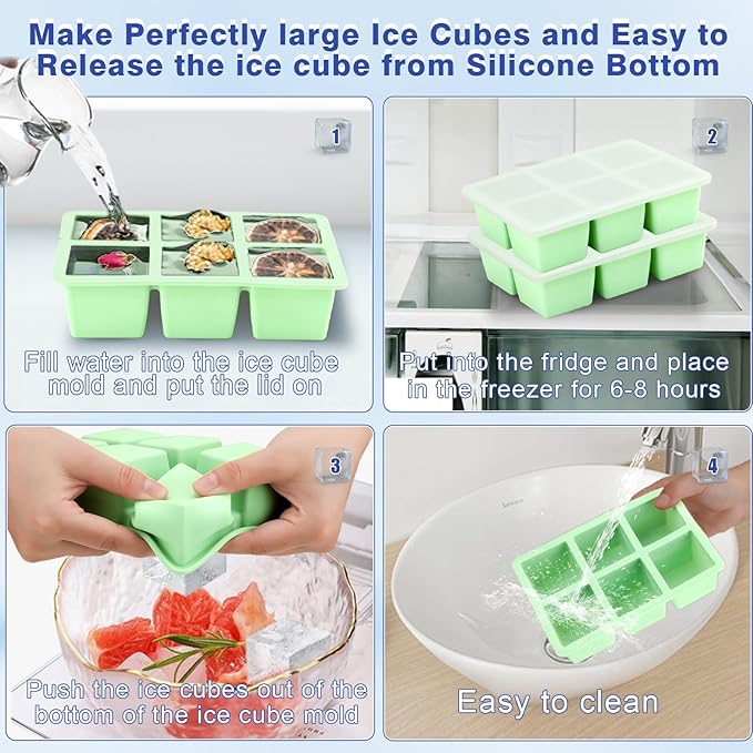 Large Ice Cube Tray for Freezer with Lid, 2Pack Silicone Ice Cube Trays, Big Square Ice Cube Maker for Cocktails, Coffee, Bartender Accessories BPA-Free & Dishwasher (Green)