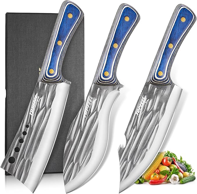 3PCS Butcher Knife Set for Meat Cutting， Hand Forged Professional Chef Knife Set Meat Cleaver Boning Knife for Home, Outdoor Cooking, Camping BBQ Gift Idea Men