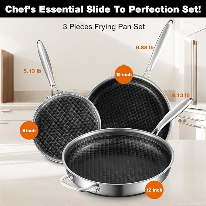 8-10-12 Inch Non Stick Frying Pans, Ceramic Coating NonStick Stainless Steel Pan Set, Tri-Ply Skillets and Pan Set, Induction Cooker Compatible, Cool-Touch Handle, Dishwasher and Oven Safe