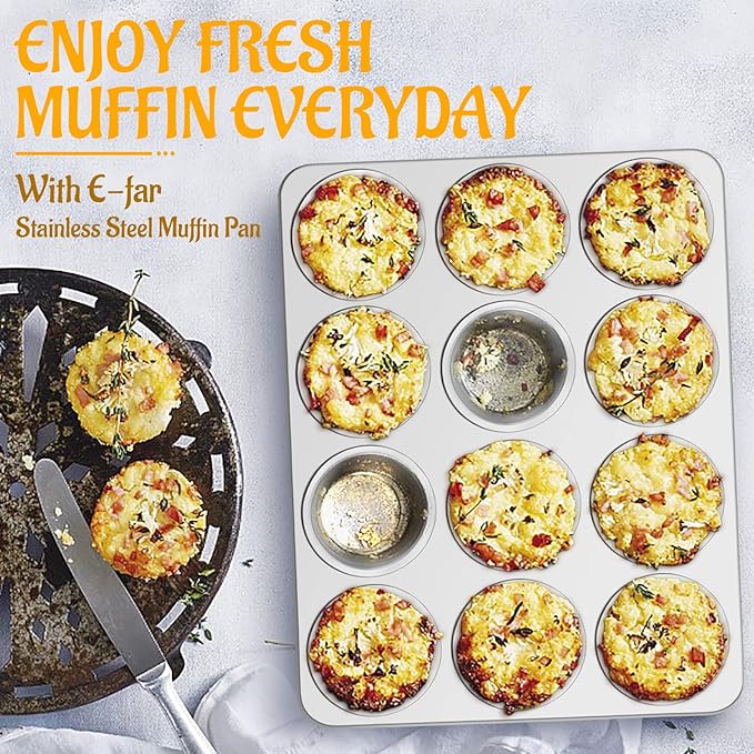 E-far Muffin Pan 12-Cup, Set of 2, Stainless Steel Cupcake Pan Metal Muffin Baking Tins for Oven, Regular Size & Easy Clean, Non-toxic & Dishwasher Safe