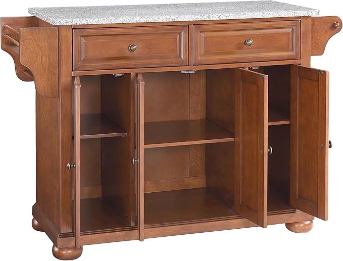 Crosley Furniture Alexandria Granite Top Rolling Kitchen Island Storage Cart, Microwave Stand, Spice Rack, Cherry