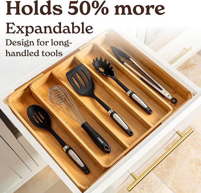 SMIRLY Silverware Drawer Organizer – Bamboo Kitchen Drawer Organizer, Adjustable Utensil Holder and Cutlery Tray, Drawer Dividers for Flatware and Kitchen Utensils