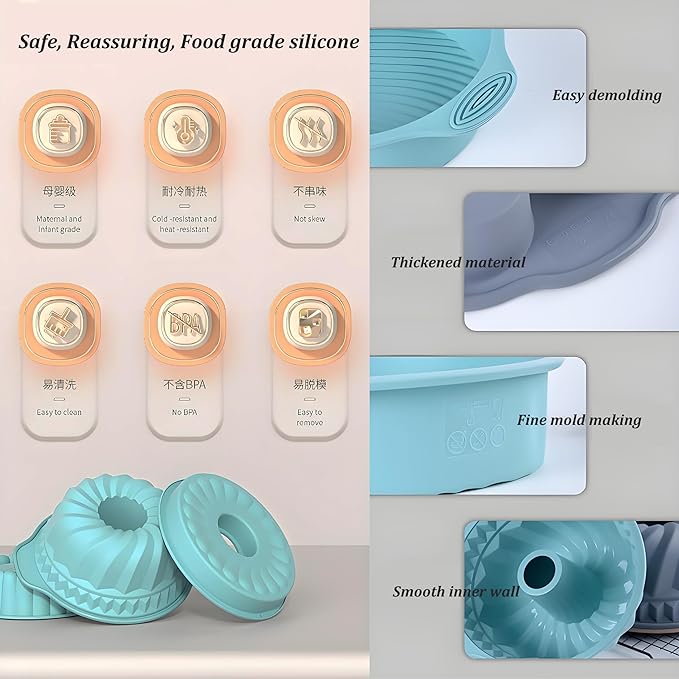 Thickened Silicone Bundt Cake Pan and Moldes Para Gelatinas, Heavy Duty Cake Mold for Baking, BPA Free, Mint Green (Round: φ10in / 1 Pcs)
