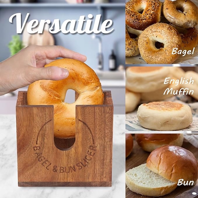 Large Adjustable Bagel Slicer Holder | Acacia Wood Bagel Cutting Holder with Width-Adjustable Slots for Small & Large Bagels, Buns & English Muffins, Knife Groove & Non-Slip Base