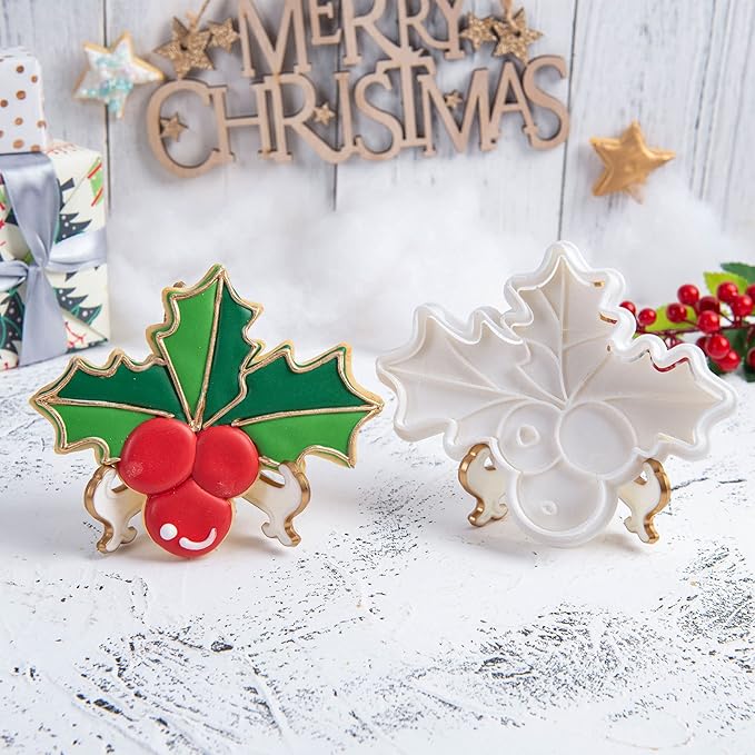 Flycalf Christmas Cookie Cutters Holly Berries Shapes with Plunger Stamps Holiday PLA Baking Accessories Cutter Molds Gifts Decorative Party 3.5" Kitchen Cake Supplies