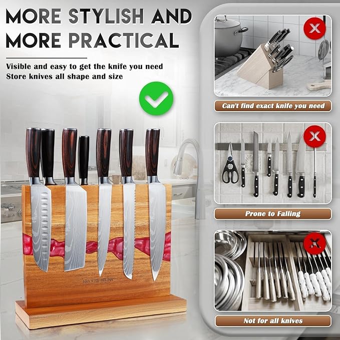 MEN WITH THE POT Magnetic Knife Holder 13 x 10 Inches, Multifunctional Double Sided Magnetic Knife Block Rack, Wood & Red Epoxy Universal Magnetic Knife Storage Stand for Kitchen Counter