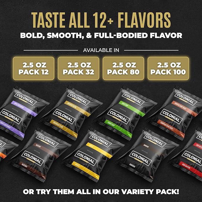 Colonial Coffee 100 Count Single Pot Coffee Packets – 100% Arabica Colombian Medium Roast | Pre-Measured Frac Packs for 12 Cup Maker | Bulk Ground Gourmet Coffee for Home & Office