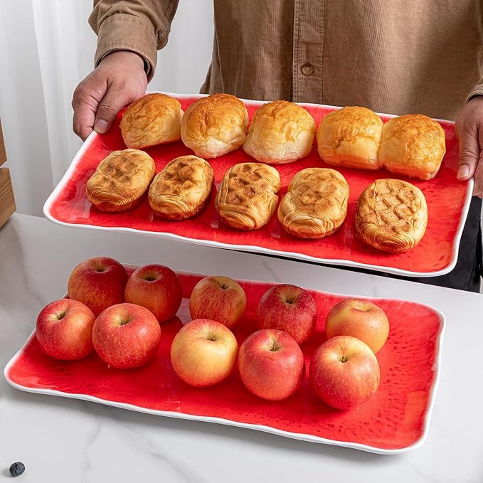 17” x 10” Rectangular Large Serving Platters, 2 Pieces Melamine Serving Trays Sets for Serving Food For Christmas, Mother's Day, Parties, Wedding, Gatherings, Dishwasher Safe. Reactive Red