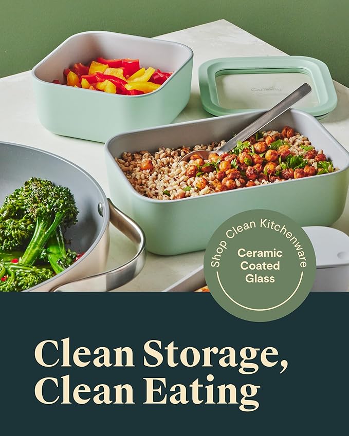Caraway 2pc Glass Food Storage Set - 6.6 Cup Food Containers (2) - Ceramic Coated - Non Toxic, Non Stick Lunch Box with Lids. Dishwasher, Oven, & Microwave Safe - Mist