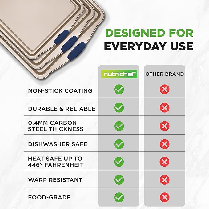 NutriChef 3‑Piece Non‑Toxic Cookie Sheets for Baking – Premium Carbon Steel Oven Tray Set with Blue Silicone Handles – Nonstick Baking Sheet Set for Cookies, Pastries & Oven‑Safe Cooking