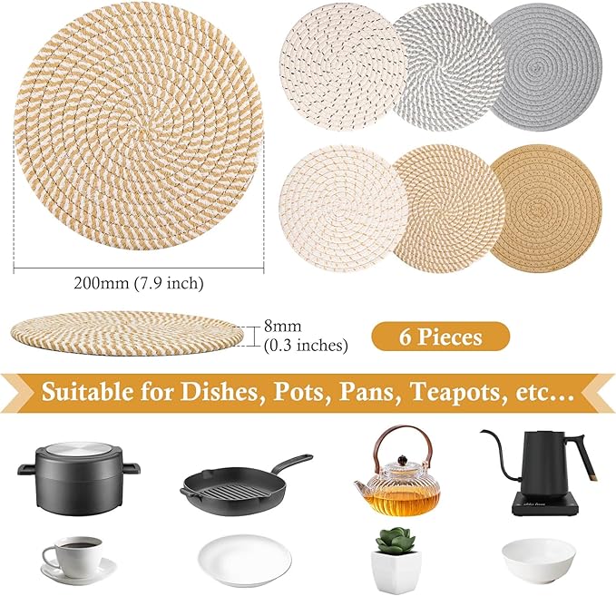 Billbotk 8" Trivets for Hot Dishes, Hot pots and Pans, 6 Heat Resistant Hot Pads, Pot Holders for Kitchen, Hot Plate Mats for Table, Kitchen Decor for Counter, Home Essentials, Farmhouse(Boho)