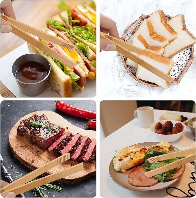 4 Pieces Natural Bamboo Toaster Tongs,Two Bamboo Toast Tongs of different lengths（9.8-Inch & 7.8-Inch),Long Tongs with Anti-slip Design,Heat-Resistant for Cooking and Serving