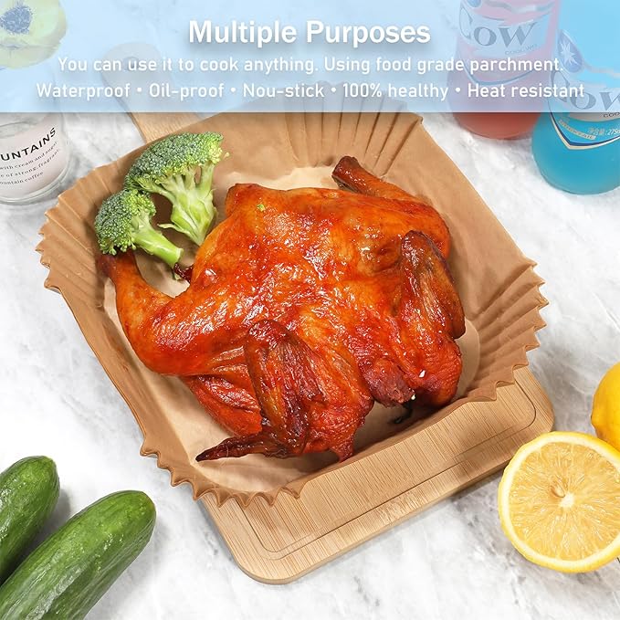 Air Fryer Paper Liners, 100 Pcs Disposable Non-Stick Air Fryer Parchment Paper Fit 2-5QT Air fryer Basket Oil Resistant, Waterproof Baking Paper Roasting Microwave (Square,6.5 Inch)