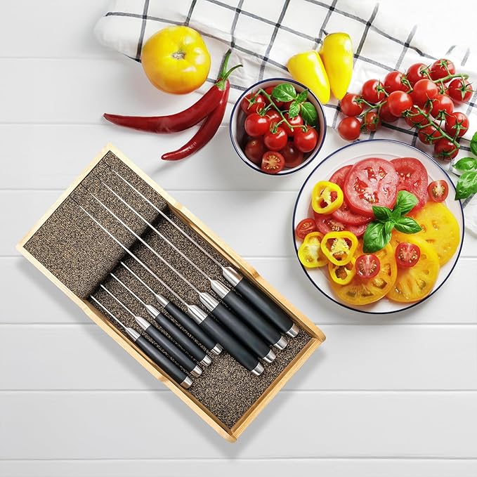 Bamboo Knife Drawer Organizer Insert - Kitchen In-Drawer Knife Block Holder, Flexible Dividers for Knives Organization