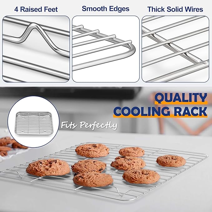 10.4 Inch Baking Sheet Pan with Rack Set, Joyfair Stainless Steel Toaster Oven Pans Tray & Cooling Racks for Cookie/Jelly Roll/Bacon/Meat, Commercial Metal & Rust-free, Dishwasher Safe