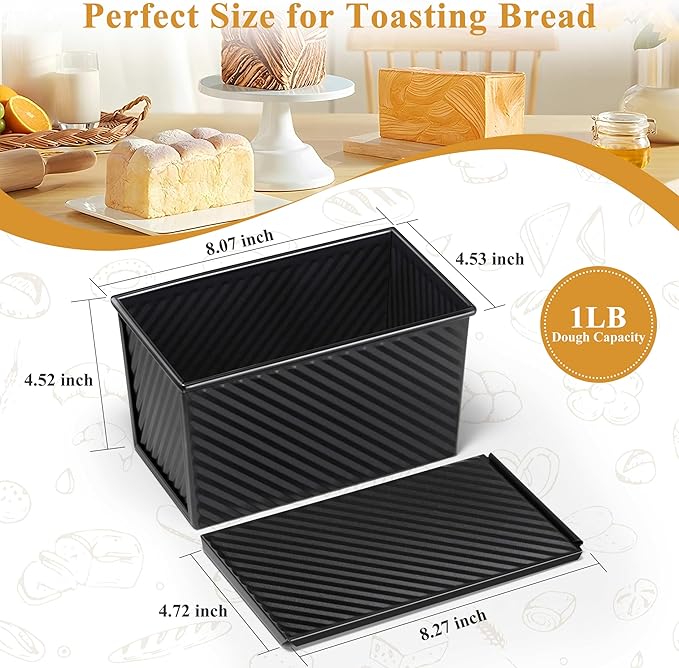 LIANYU Pullman Loaf Pan with Lid, 1 LB Nonstick Bread Loaf Pan, Metal Baking Tin for Homemade Sourdough Bread, Carbon Steel Bakeware Toast Box with Cover for Toast Oven Baking, Black