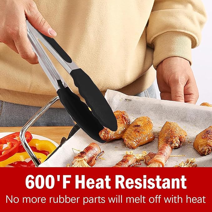 Silicone Kitchen Tongs for Cooking - 9+12 Inch Heat-Resistant Stainless Steel Cooking Tongs with Non-Slip Handle, Non-Scratch Tips for, BBQ, Salad & Air Fryer - 2-PieceRedSet
