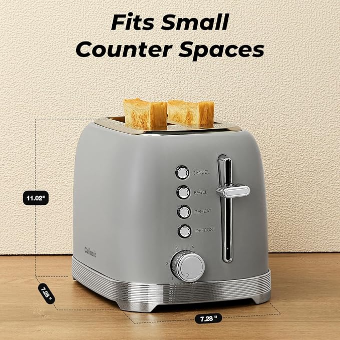 Toaster 2 Slice Retro Stainless Steel with 1.5” Extra Wide Slots Bagel, Defrost, Reheat, Cancel Functions, 6 Bread Shade Settings, Removable Crumb Tray, Gray