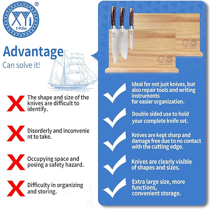 XYJ Authentic Since 1986 Magnetic Knife Block, Powerful Double-Sided Wooden Magnetic Knife Holder, Cutlery Display, Universal Kitchen Knife Stand Storage Rack Without Knives