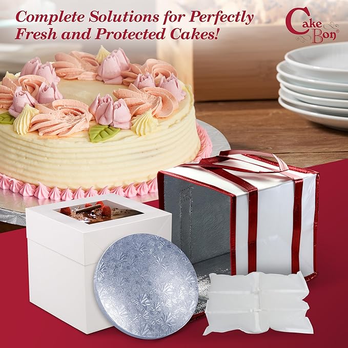 Cakebon Cake Box and Boards, 8-Inch Round Silver Smooth Edges 1/2- Inch Thick Drums with Insulated Bag and Ice Pack – Cake Transport Set, Cooler for Cake Delivery and Transport (1pc Each, 4pcs Total)