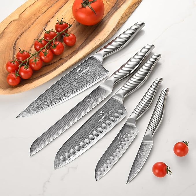 NANFANG BROTHERS® Kitchen Knife Set with Magnetic Knife Holder, 6-Piece Damascus Steel Knives & Acacia Wood magnetic Block - Includes Chef, santoku, Bread, Small Santoku, Fruit Knives
