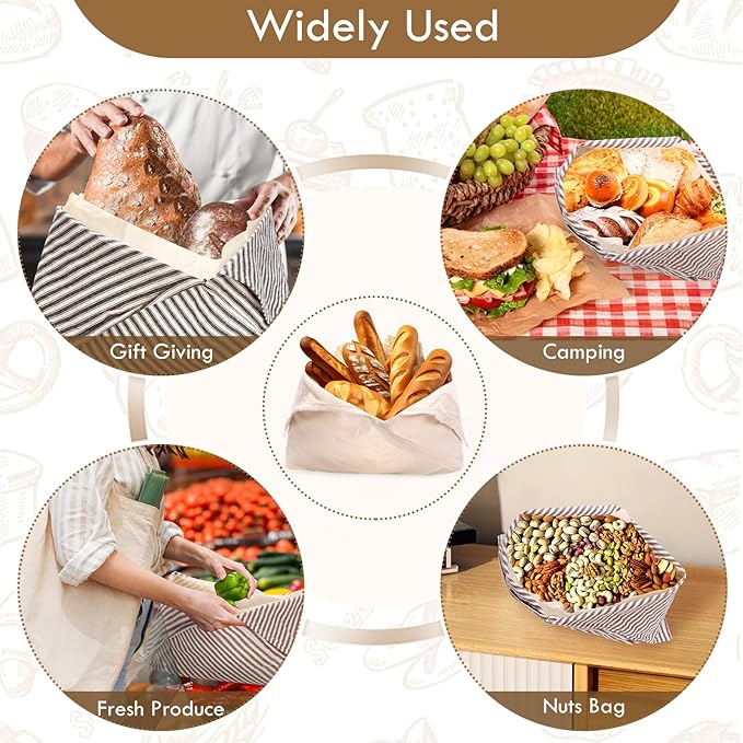 2 Pack Beeswax Bread Bags, Striped Linen Bento Bags, 14" Cotton Loaf Bag, Reusable Organic Food Storage, Sourdough Bag, Rustic Farmhouse Azuma Bukuro Origami Wrap for Baked Gifts (Navy Blue, 2)