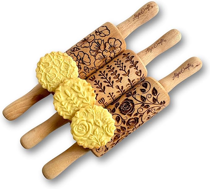 GARDEN BLOSSOMS 3 Small Size Embossed Rolling Pin Set. Wooden Laser Engraved Embossing Dough Roller for Embossed Cookies Gift for Birthday, Easter by Algis Crafts