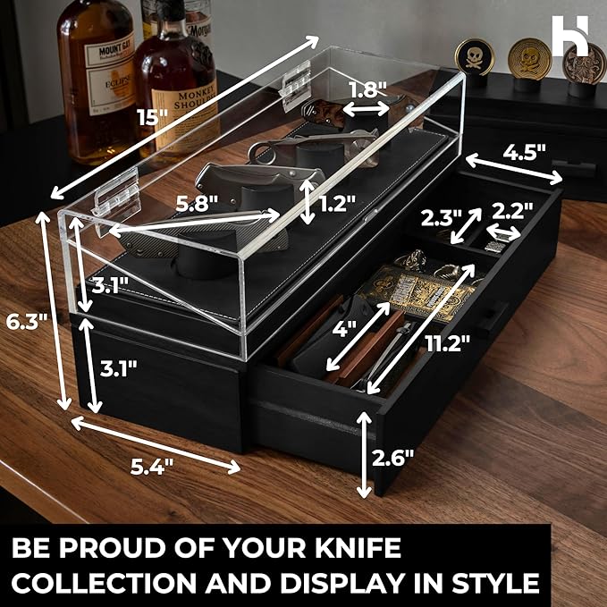 Premium Pocket Knife Display Case for 10 Knives - Wooden Knife Organizer, Storage & Holder with Unique Pillars, Hinged Cover, Drawer - Knife Collection Box - Handcrafted for Men