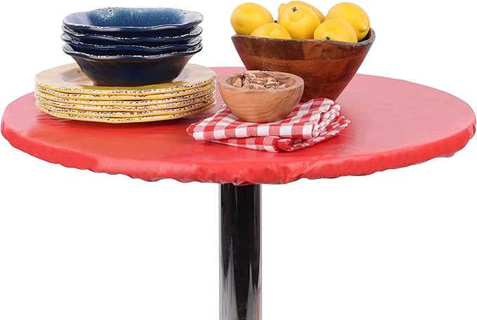 Yourtablecloth Heavy Duty Vinyl Round Fitted Tablecloth (Table Cover) with Flannel Backing Vibrant Colors Elasticized Tablecloth Great for Indoor and Outdoor Dining and Playing Cards 48” Ruby Red