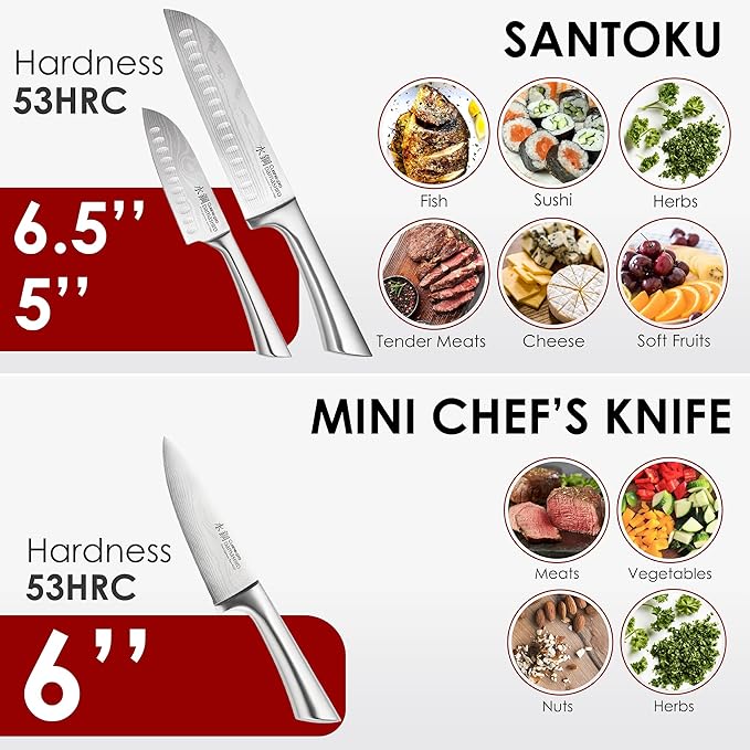 Cuisine::pro Damashiro 8-Piece Satori Knife Block - Japanese Steel Knife Set with Acacia Wood Knife Block -Damascus-Inspired Blade