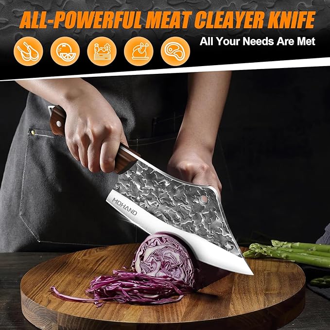 MDHAND 14PCS Professional Butcher Knife Set with Roll Bag, Heavy Duty Meat Cleaver, Boning Knife, Viking Knives, Hand Forged Chef Knife Set, Meat Cutting Knife for Kitchen, Gift for Men, BBQ, Camping