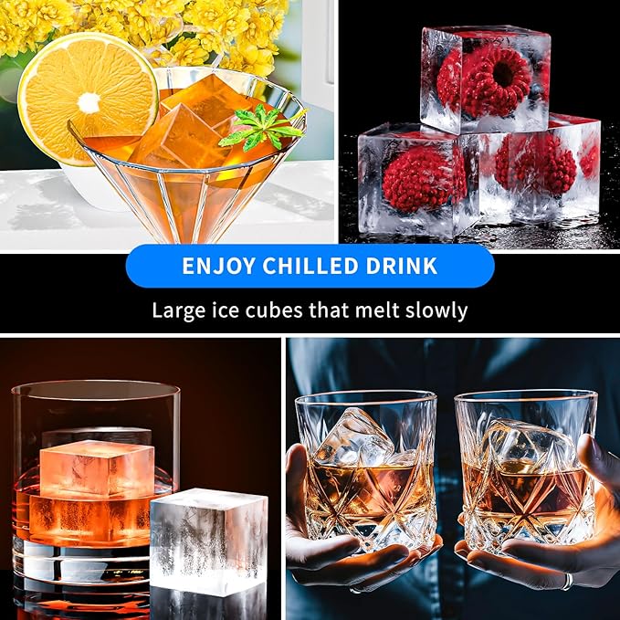 Large Ice Cube Tray for Whiskey 2 Pack, HANCELANT Big Silicone Square Ice Cube Mold with Removable Lid, 2'' Huge Square Ice Cubed Tray for Whisky and Cocktail