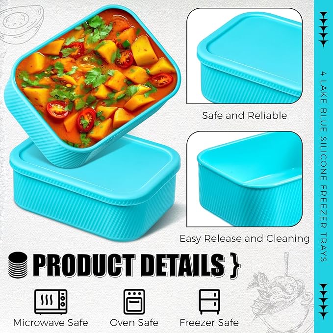 Nuogo 4 Pcs 6 Cup Silicone Freezer Trays with Lid Soup Containers Reusable Freezer Silicone Molds Rectangle Containers Ice Trays for Soups Sauces Stews Curries, Lake Blue