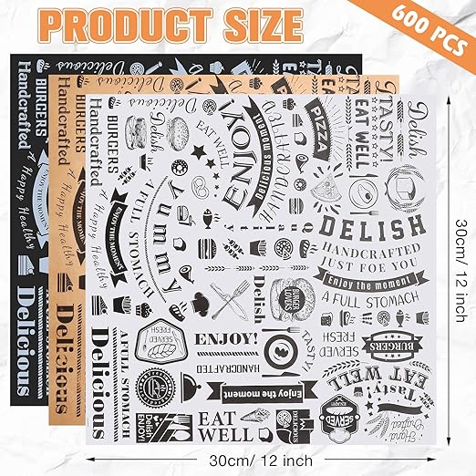 Outus 600 Pcs 12 x 12 Inch Deli Wax Paper Sheets Grease Resistant Tray Basket Liners Newsprint Paper Water and Grease Proof Sandwich Wrapping Square Hot Dog Wrapper for Food (White,Black,Brown)