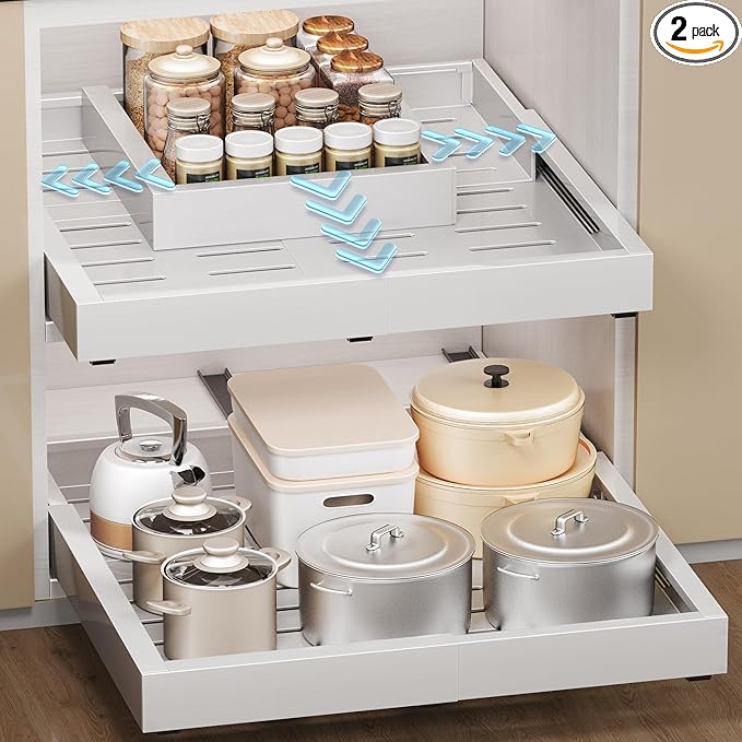 2 Pack Pull Out Cabinet Organizer, Slide Out Drawer Expandable Width (12"-19") and Depth (17"-23") With 3 Slides, Fixed with Adhesive Film or Nail for Cabinets in Kitchen, Pantry or Bathroom