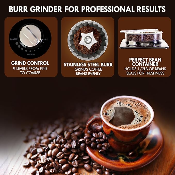 Kenmore Elite Grind and Brew Coffee Maker - Built-In Grinder, Automatic Drip Coffee Machine, 12 Cup Programmable Brewer, Bean Grinder and Ground Coffee Brewer, Coffee Maker and Grinder Combo