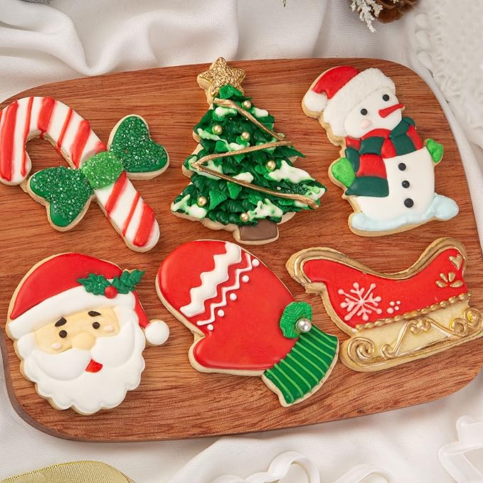 Flycalf Christmas Cookie Cutters Set of 6 with Stamper Stencil 3D Cake Decorating Pastry Kitchen Mold Supplies Holiday Birthday Party Biscuit Fondant Tools