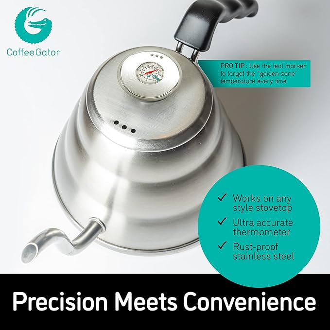 Coffee Gator Gooseneck Kettle with Thermometer - 40oz Premium Stainless Steel Pour Over Coffee Maker Kettles, Stove Top, w/Precision Drip Spout, for Drip Coffee, French Press, Tea Kettle, 5 Cup