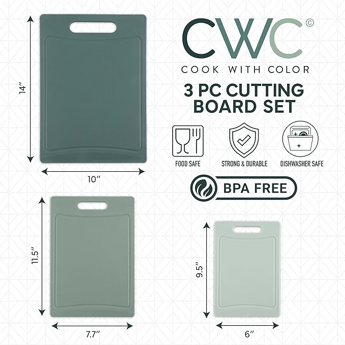 COOK WITH COLOR Non-Slip Cutting Board Set – Kitchen Essentials with Easy Grip Handle for Meat, Veggies, and Fruits, 3 Cutting Boards, Mint