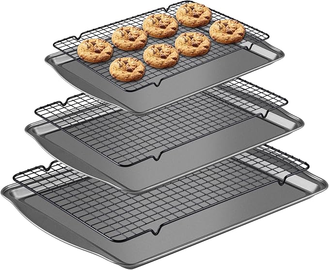 Baking Sheet with Rack Set - 3 Baking Sheets + 3 Cooling Racks, Carbon Steel Cookie Sheets & Cooling Racks in Multiple Sizes, Thickened & Warp-Resistant, Dishwasher Safe